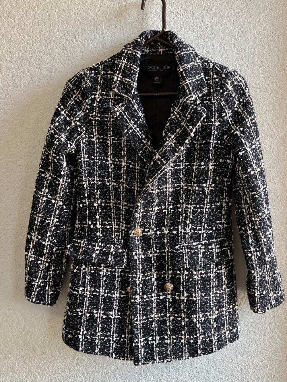 Rachel Zoe Black & White Tweed Plaid Peacoat with Gold Buttons